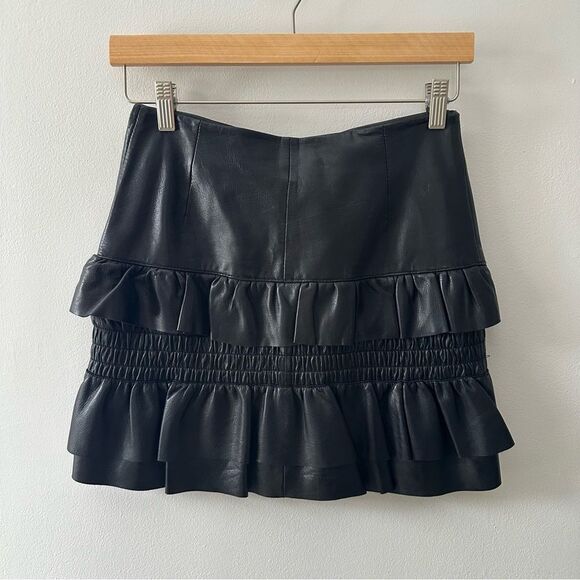 Maje Skirt Leather Black Jupia Ruffle Mini - Picture 2 of 8